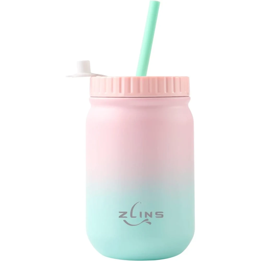 ZLINS Cup with Straw and Lid,Iced Coffee Travel Mug,Stainless Steel Drinking Tumbler,Insulated Reusable Metal Cup,Hot Cold for Smoothie, Milkshake,Cocktails,14OZ(Pink/Blue)