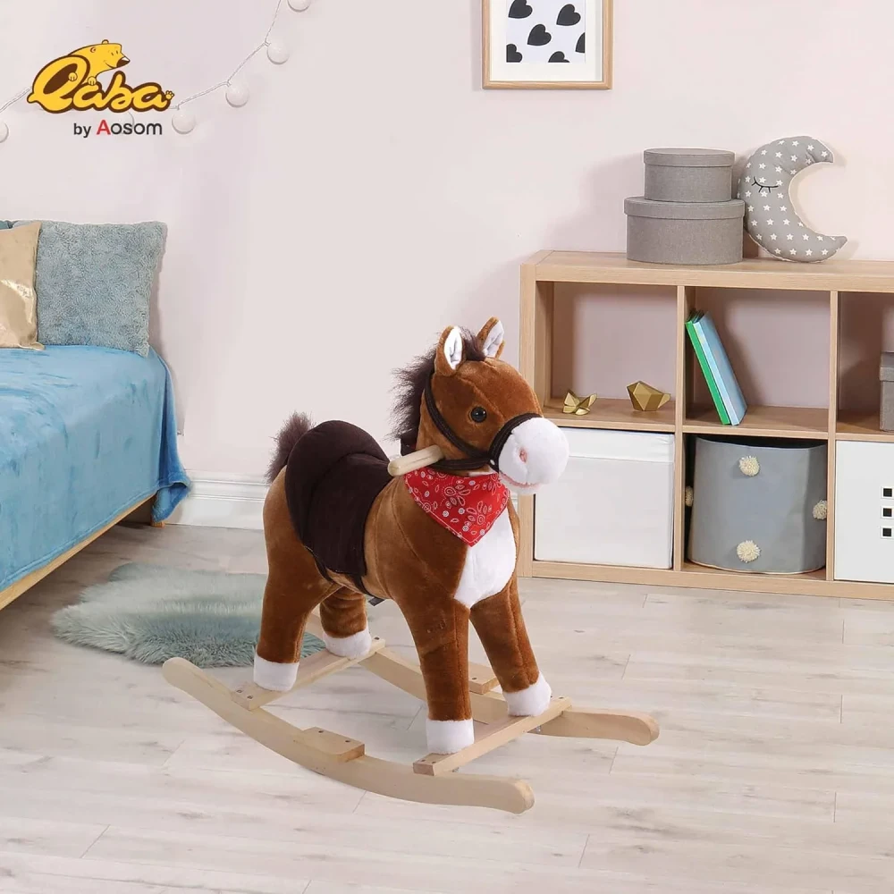 Qaba Kids Ride on Rocking Horse Plush Toy with Realistic Sounds and Red Scarf for Over 3 Years Old Birth Gift