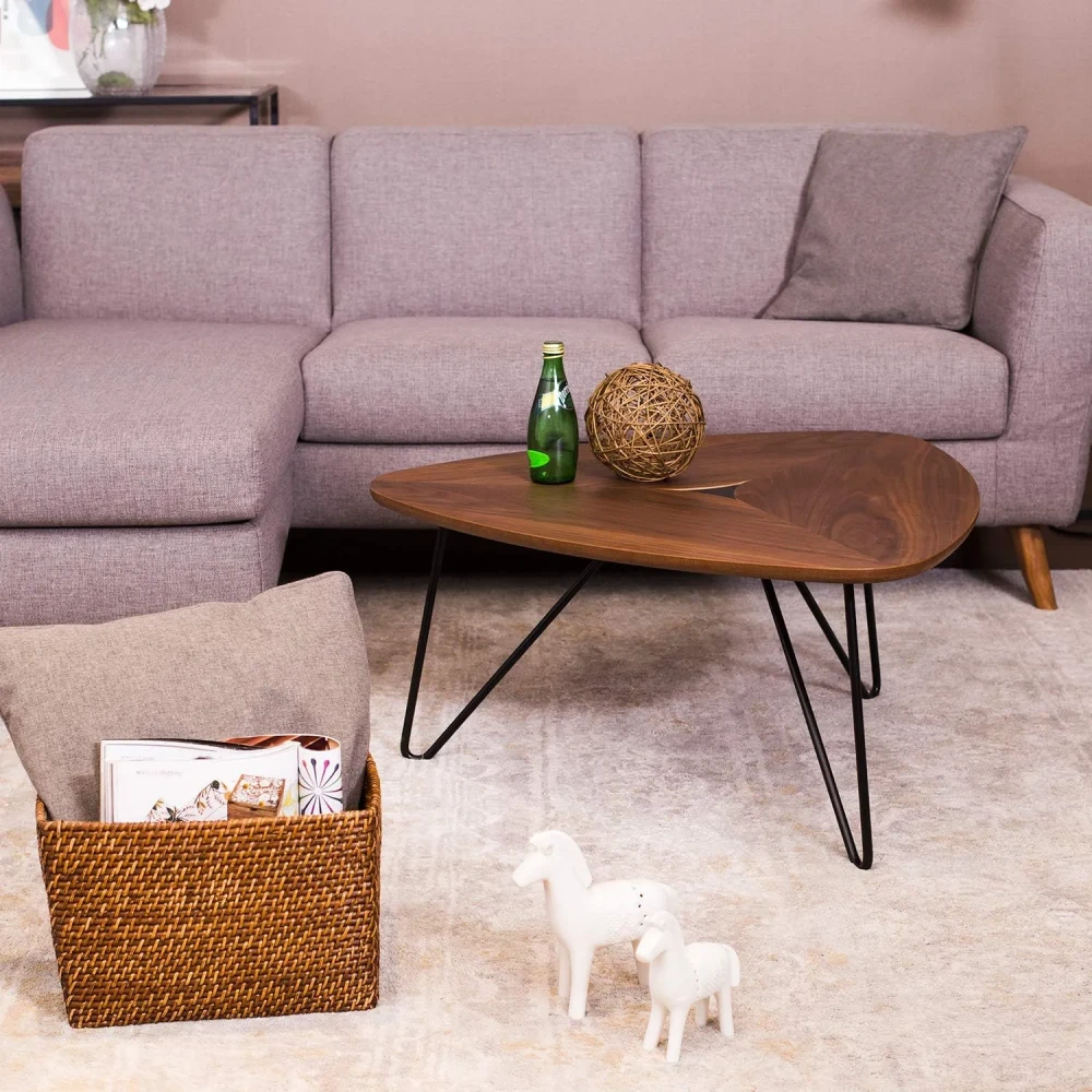 Amazon Brand - Rivet Triangular Coffee Table with Black Metal Legs, 40.6 x 83 x 81 cm, Walnut