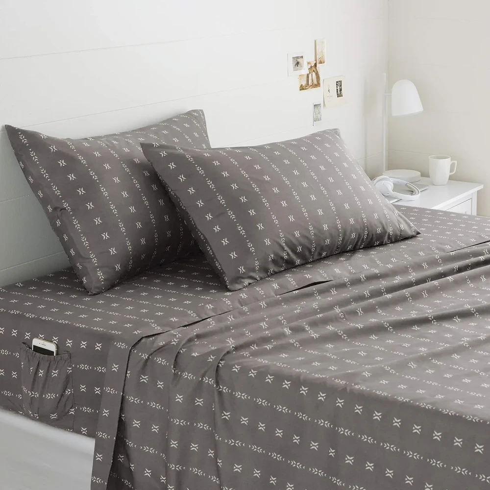 AmazonBasics College Dorm Microfiber Sheet Set with Elastic Pockets - Queen, Grey Simple Stripe