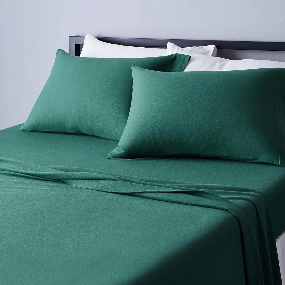 Amazon Basics Cotton Jersey 4-Piece Bed Sheet Set, Full, Dark Green, Solid