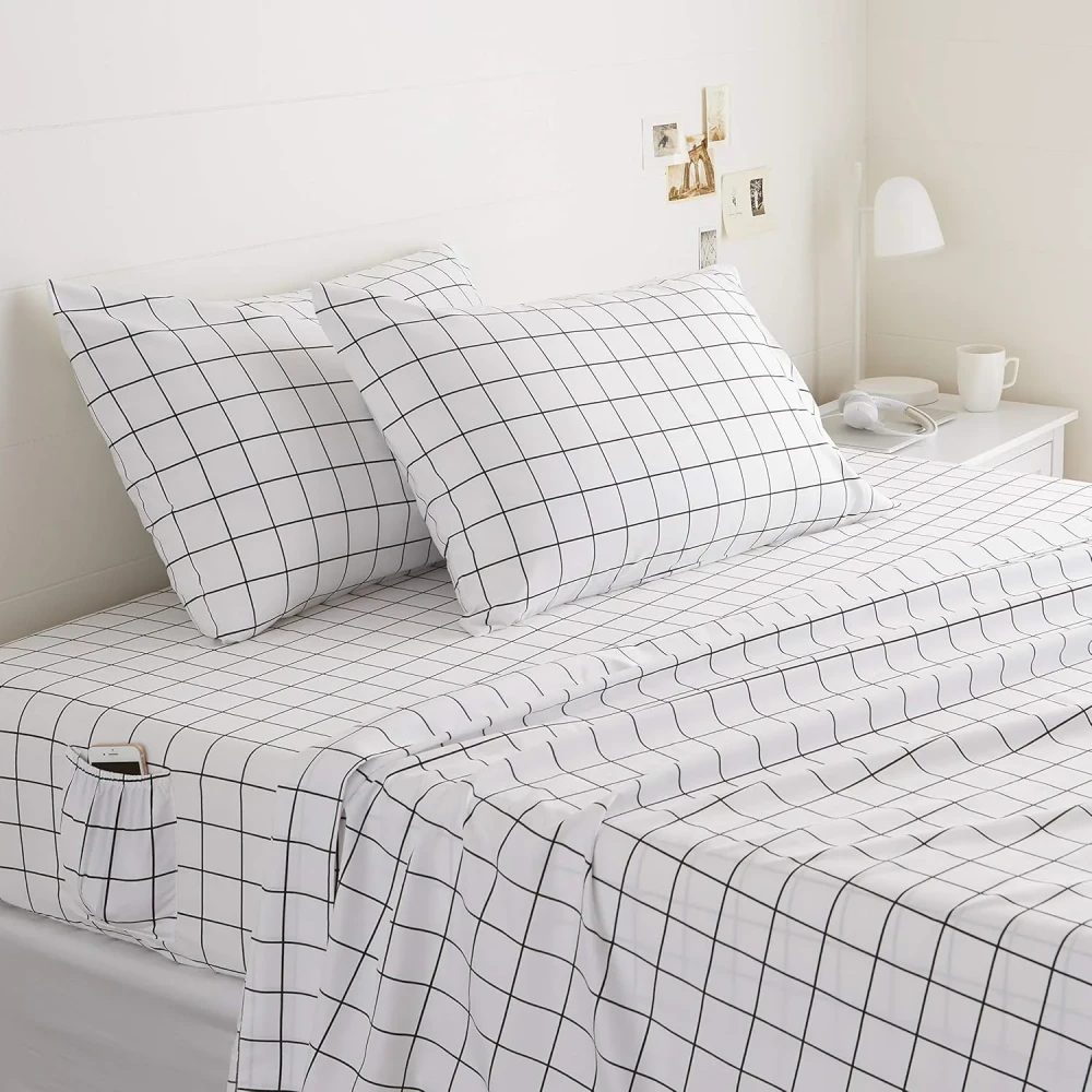 AmazonBasics College Dorm Microfiber Sheet Set with Elastic Pockets - Queen, Black Grid