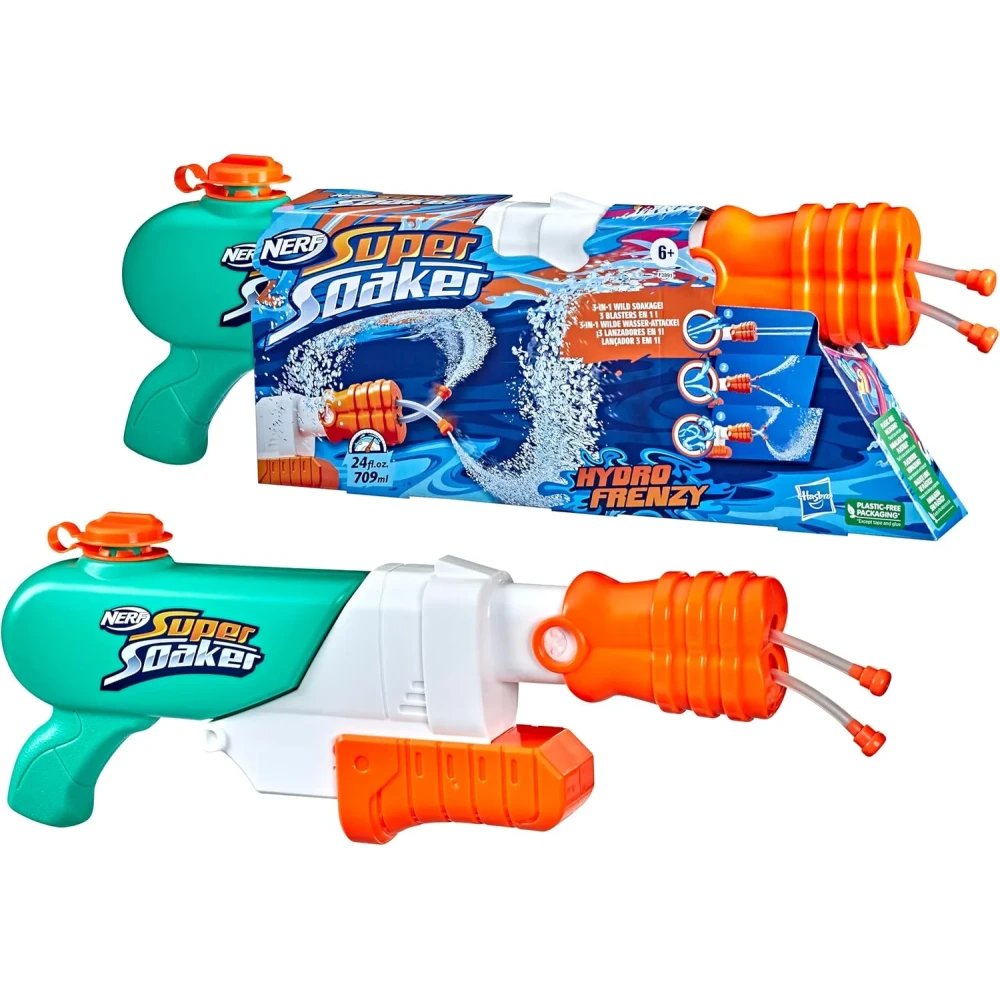 Nerf Super Soaker Hydro Frenzy Water Blaster, Wild 3-in-1 Soaking Fun, Adjustable Nozzle, 2 Water-Launching Tubes, for Kids Teens Adults