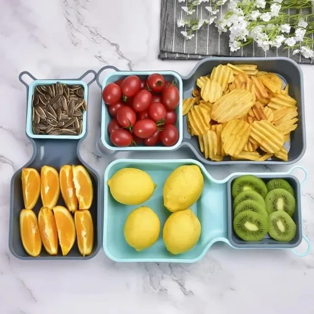 Click to see full view      Oren Empower 10 Pieces Foldable Food Plate Trays Set/Stackable Tray Organizer Container Nesting Storage Display Plate for Salad Snack Fruit/Easy to Carry for Travel and Picnic - Blue & Grey