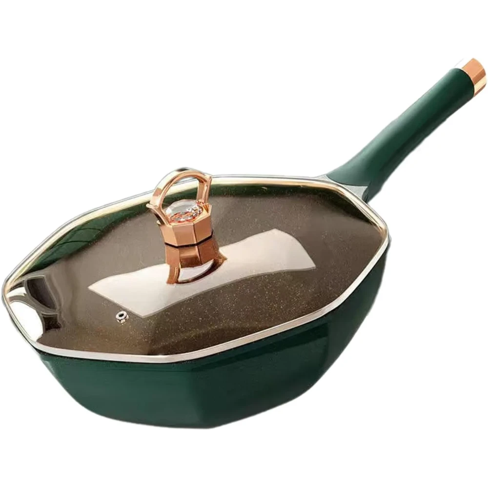 YOSELF Generic Octagonal Frying Pan Woks Nonstick Pan Cooking Saucepan for Picnic Outdoors Home, Green, 32cmx10cm