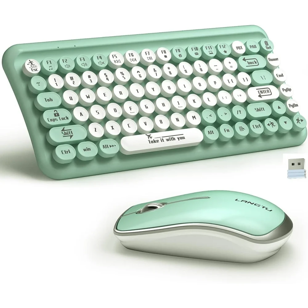Wireless Keyboard and Mouse Combo,85 Keys Retro Keyboard with Round Keys, 2.4G Portable Keyboard Mouse Set for Desktop/Laptop/Windows PC（Keyboard and Mouse Share only 1 USB Receiver）