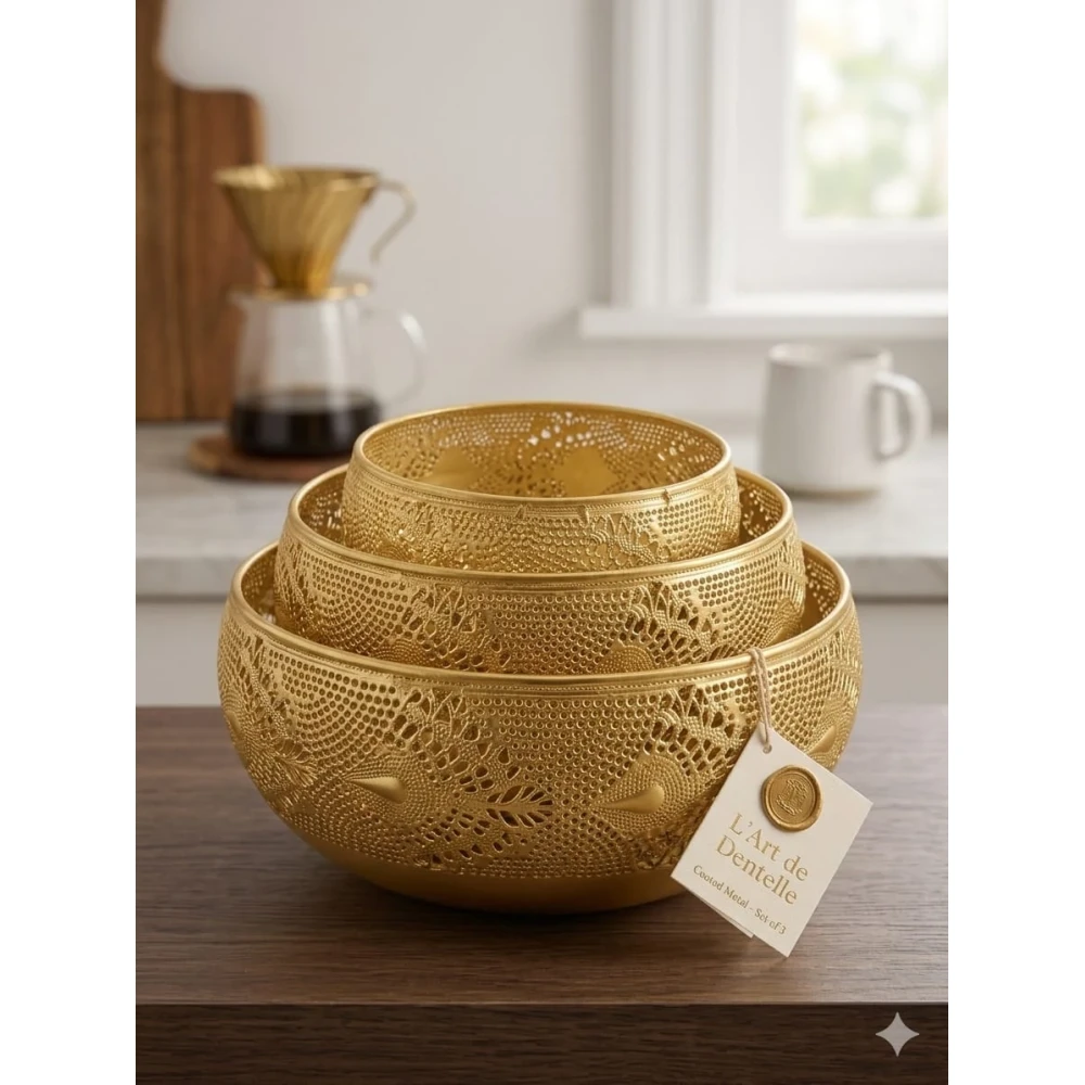 Elegant Lace-Patterned Metal Decorative Bowl Set (3-Piece)