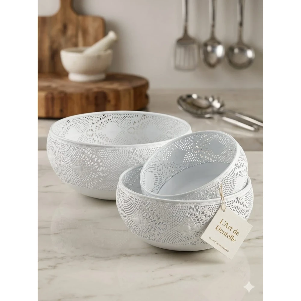 Elegant Lace-Patterned Metal Decorative Bowl Set (3-Piece)