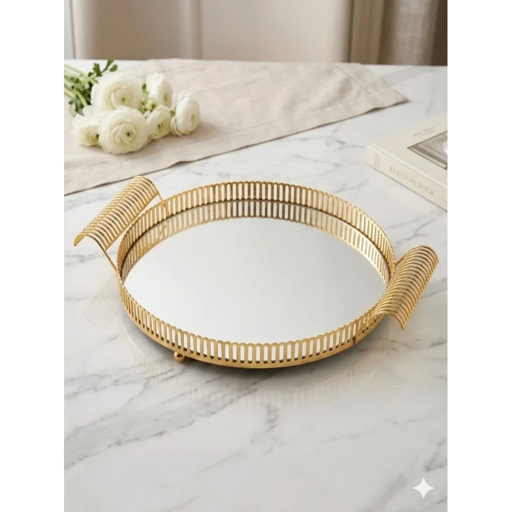 ​Elegant Gold Metallic Decorative Tray with Mirror Base and Handles