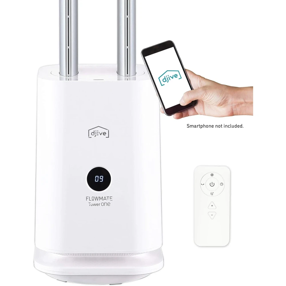 djive Flowmate Tower One Tower Fan with Alexa App and Control, Air Purifier with HEPA 12 Filter, Approx. 105 cm High, with Remote Control, 80° Oscillation, 35 W, Anthracite