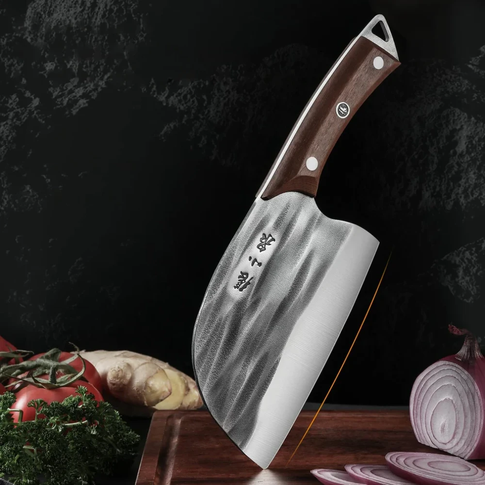 Japanese cleaver with a round, hammered steel head