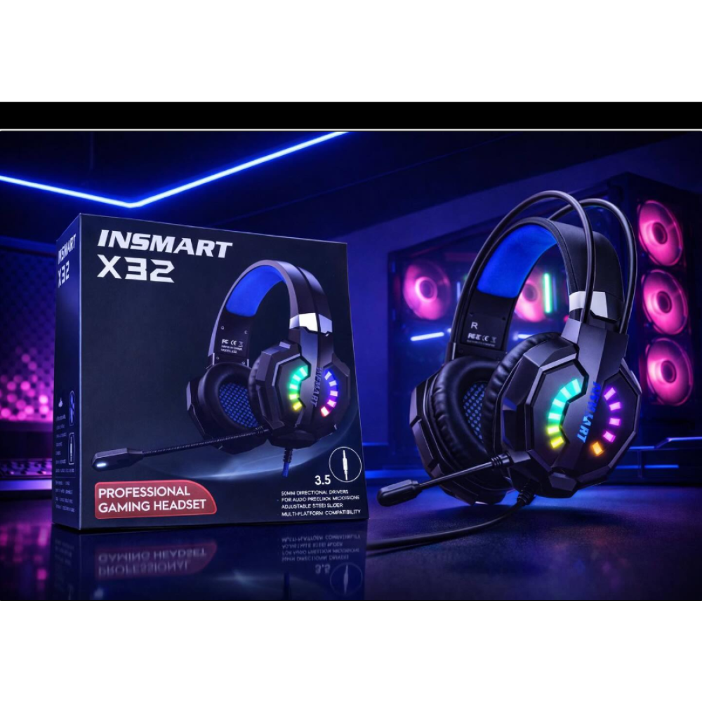 INSMARTX32 Wired Gaming Headset with Noise-Canceling Microphone, LED Indicator, and 2.2m Cable