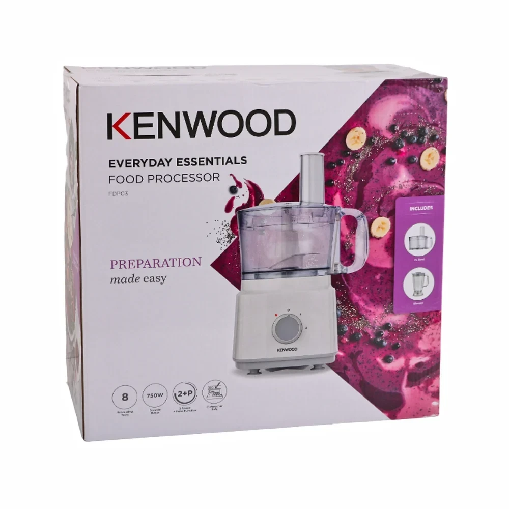 Kenwood 750W Multi-Function Food Processor with 3 Interchangeable Discs, Mixer, Whisk, and Dough Maker FDP03 White