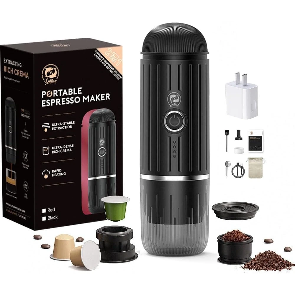 icafelas Portable Espresso Coffee Maker for Travel 120W, 19 Bar Pressure, 7500mAh Rechargeable Battery, High-Quality Barista Edition on the Go (Black)