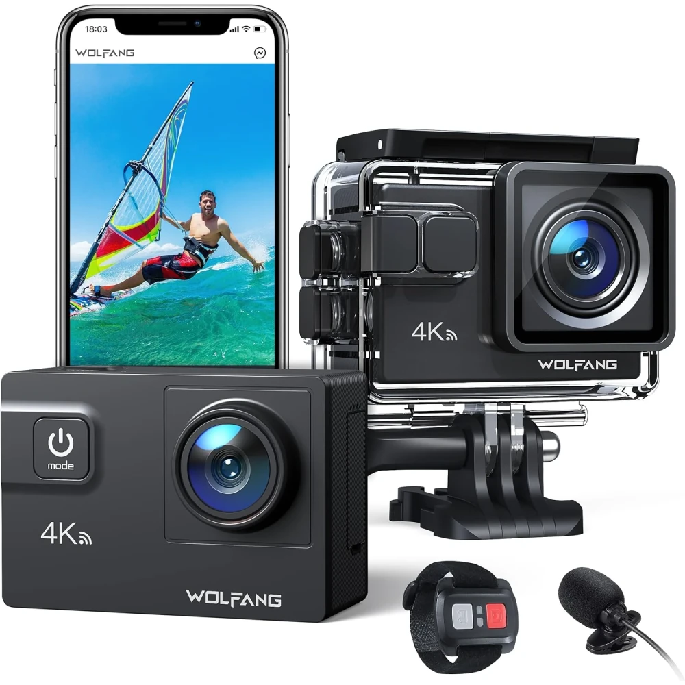 WOLFANG GA300 4K60FPS Action Camera 24MP Waterproof 40M Underwater Camera EIS Stabilization WiFi Wide Angle Helmet Camera (External Microphone, Remote Control, 2x1350mAh Batteries and Accessory Kit)