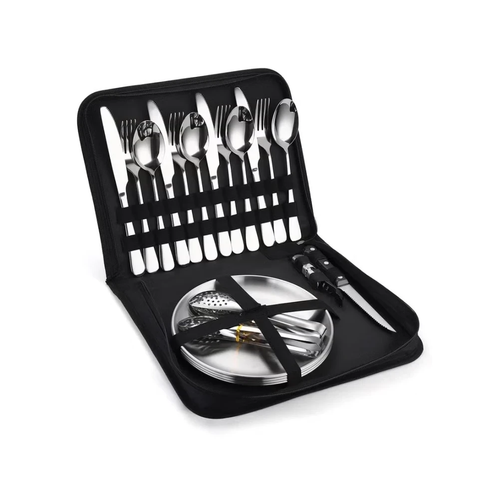 Silverware Flatware Cutlery Set, 20-piece Outdoor Camping Stainless Steel Cutlery, Forks, Spoons, Plates, Food Clips, Portable Cutlery Bag Set (Color : Silver)