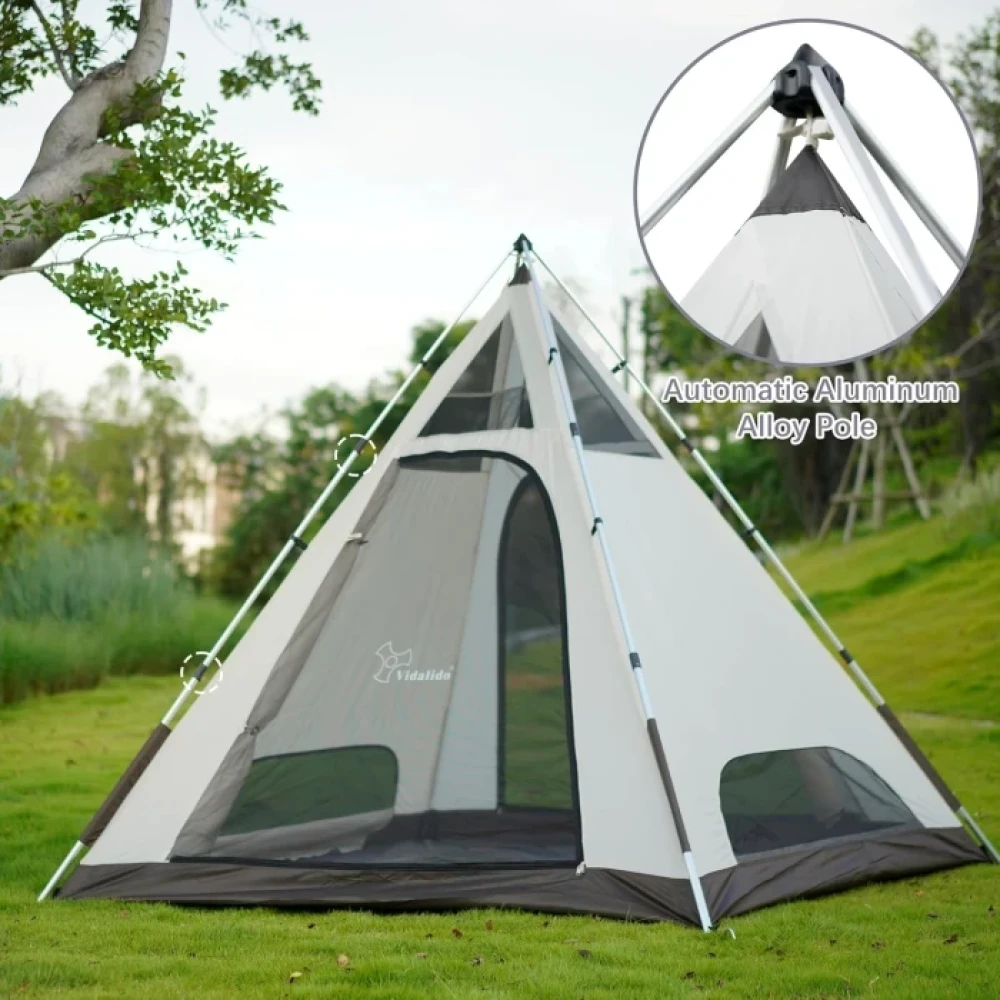 Vidalido 2-4 Person Tent Tall Teepee Tent for Adults Pop up Camping Tents with 2 Doors 6 Windows Double Layer Waterproof Family Tent Portable Instant Tipi Tent for Outdoor Camping Hiking Backpacking