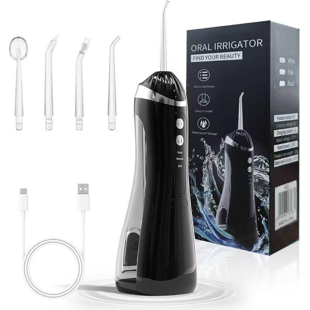 Professional Water Flosser - Cordless Oral Irrigator with 3 Modes, 4 Replaceable Tips, Deep Cleaning, Rechargeable, Waterproof, BPA-Free, Portable for Gum Care, Home & Travel, Black