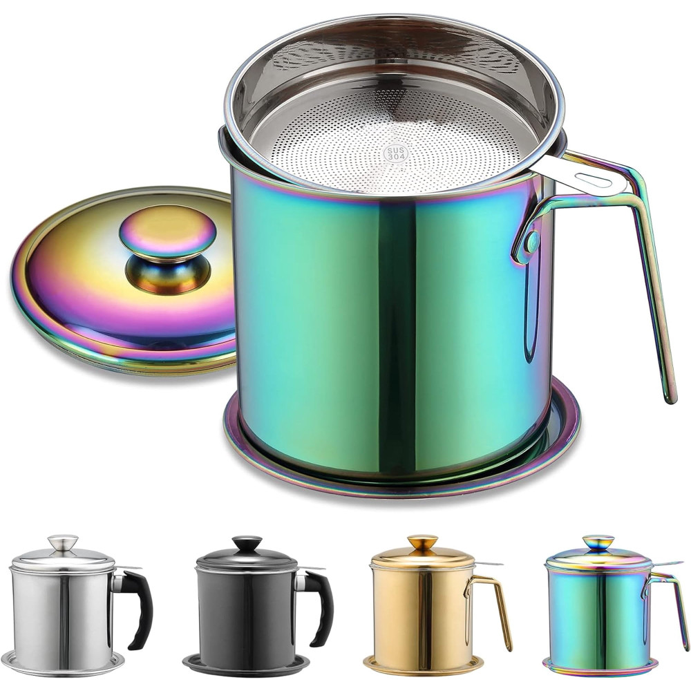 Berglander Rainbow Bacon Grease Container with Strainer 47oz/1.4L, Titanium Colorful Plating Stainless Steel Oil Storage Container with Fine Mesh Strainer Dust-Proof for Storing Frying Oil