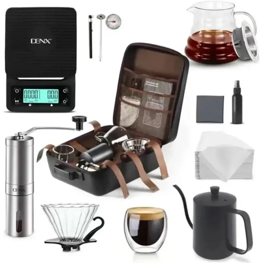 Denx 15 In 1 Pour Over Coffee Maker set, DX4205 Coffee Kit with Portable Carry Case, Coffee Kettle, Drip Filter Coffee Share Pot,Filters,Coffee Scale,Double wall Mug,Manual Coffee Grinders Perfect for Gift,Traveling and Personal Use