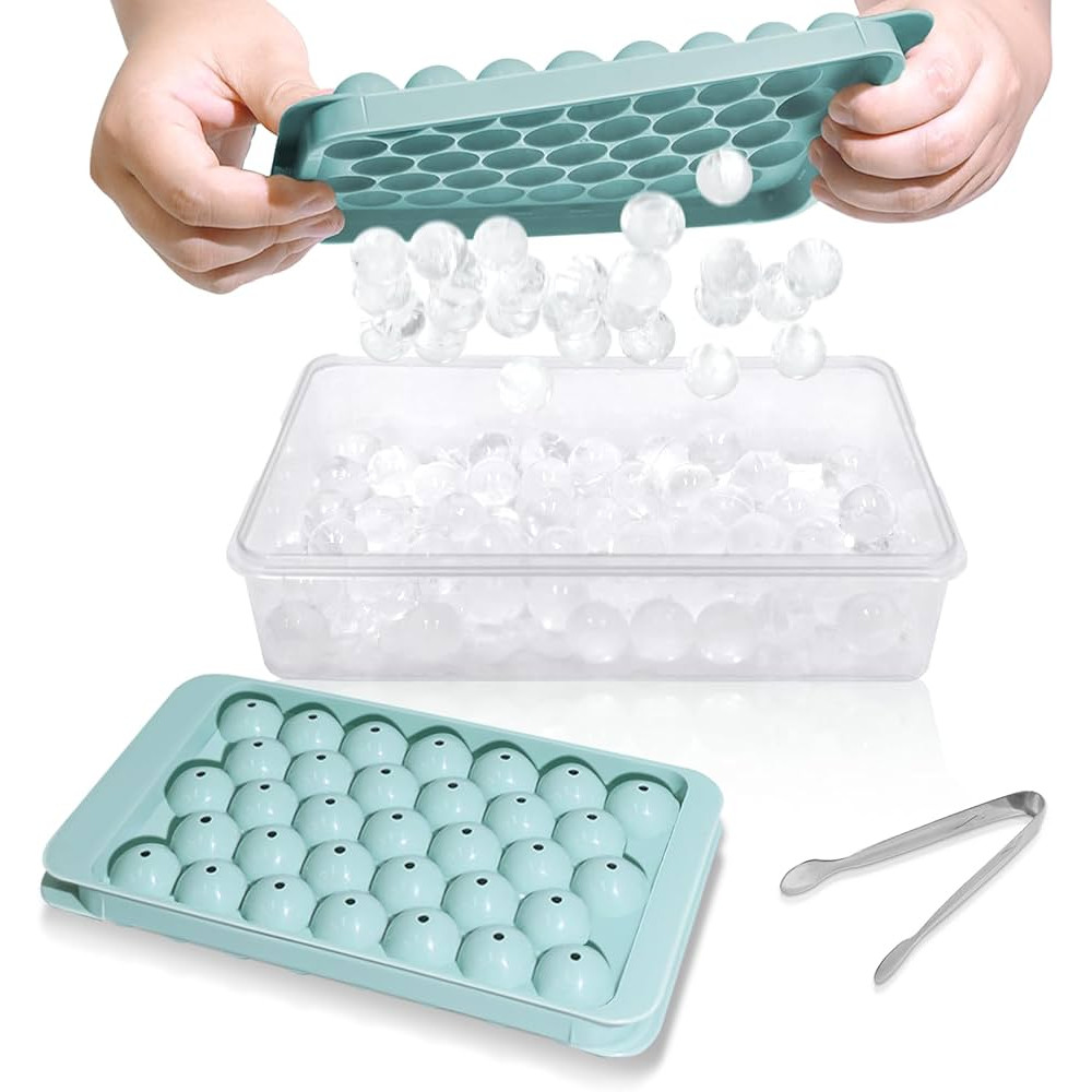 WIBIMEN Ice Cube Tray with Lid and Bin - Round Ice Trays for Freezer with Lid - Ice Cube Trays for Freezer with Ice Container (1"-2PACK Blue)