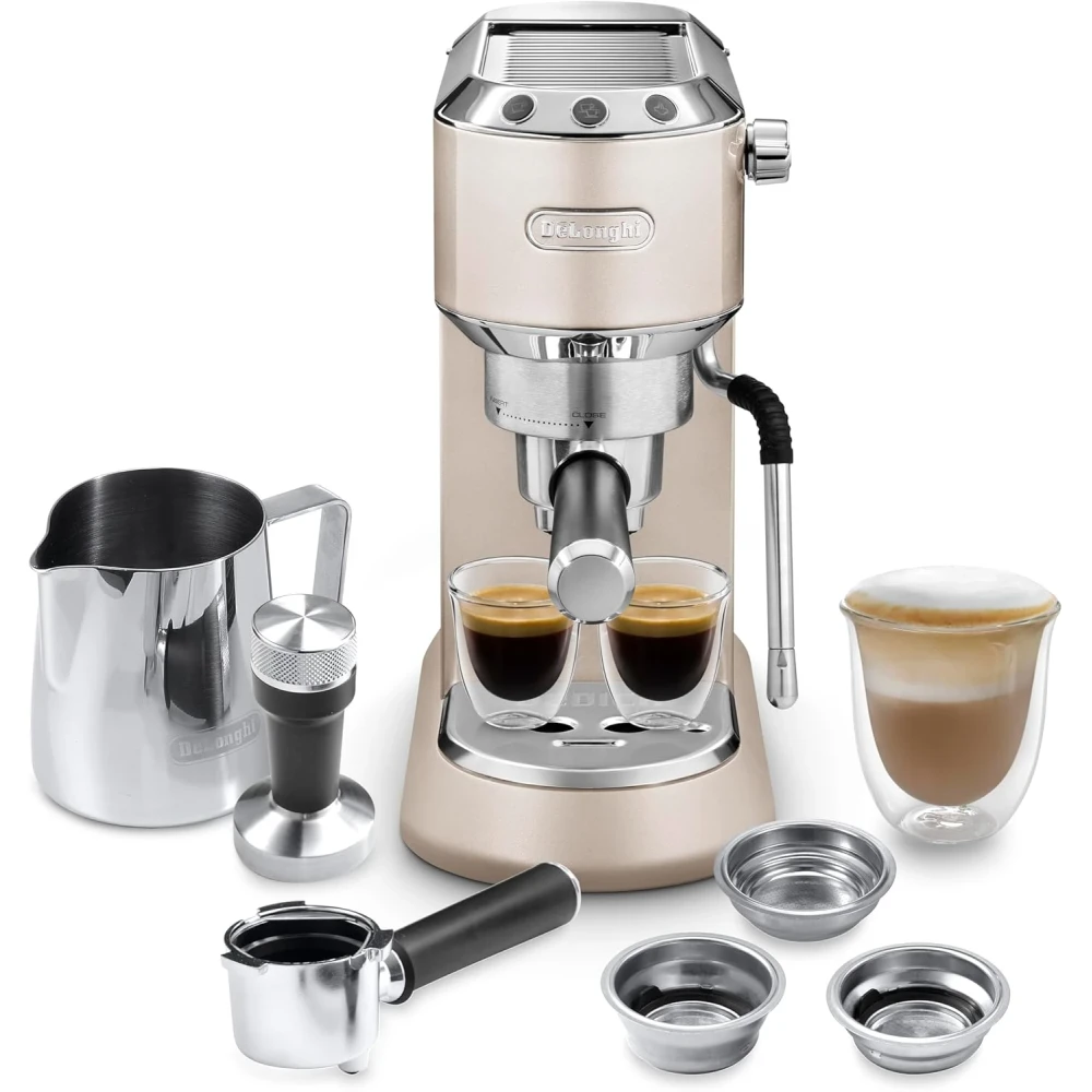 De'Longhi Dedica Arte Espresso Machine - MyLatteArt Milk Foam Nozzle, 15 BAR Pressure, Steel Tamper Included, Beige Gold - Create Perfect Espresso, Cappuccinos, and Latte Art at Home