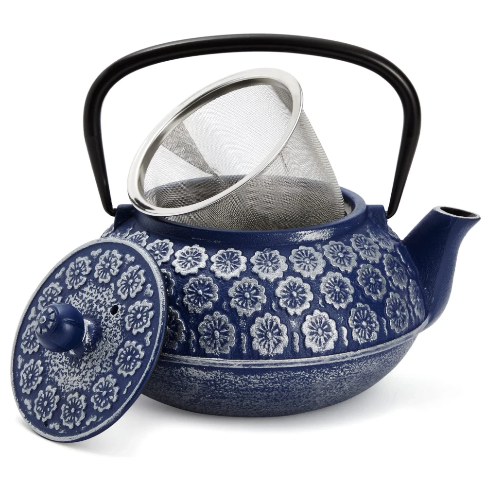 Japanese Cast Iron Teapot with Infuser for Loose Leaf and Tea Bags, Kettle Includes Handle and Removable Lid Blue, 34oz