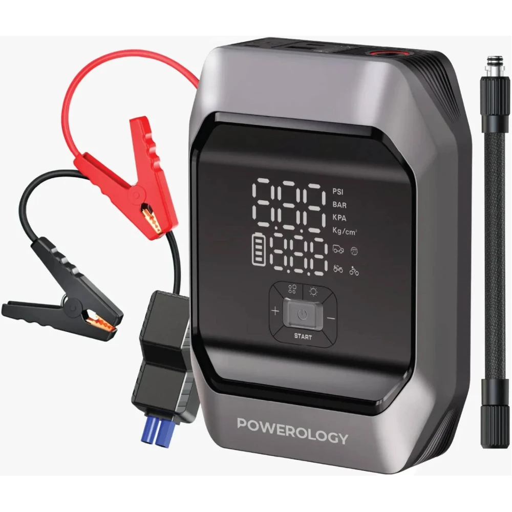Powerology 10000mAh Car Jump Starter & Air Compressor, Ultra-Fast 160PSI Inflation, 5 Modes, USB-C/USB-A Charging, Smart Digital Display, Power Bank & LED Flashlight, 500 1000A | PWKF03MBK