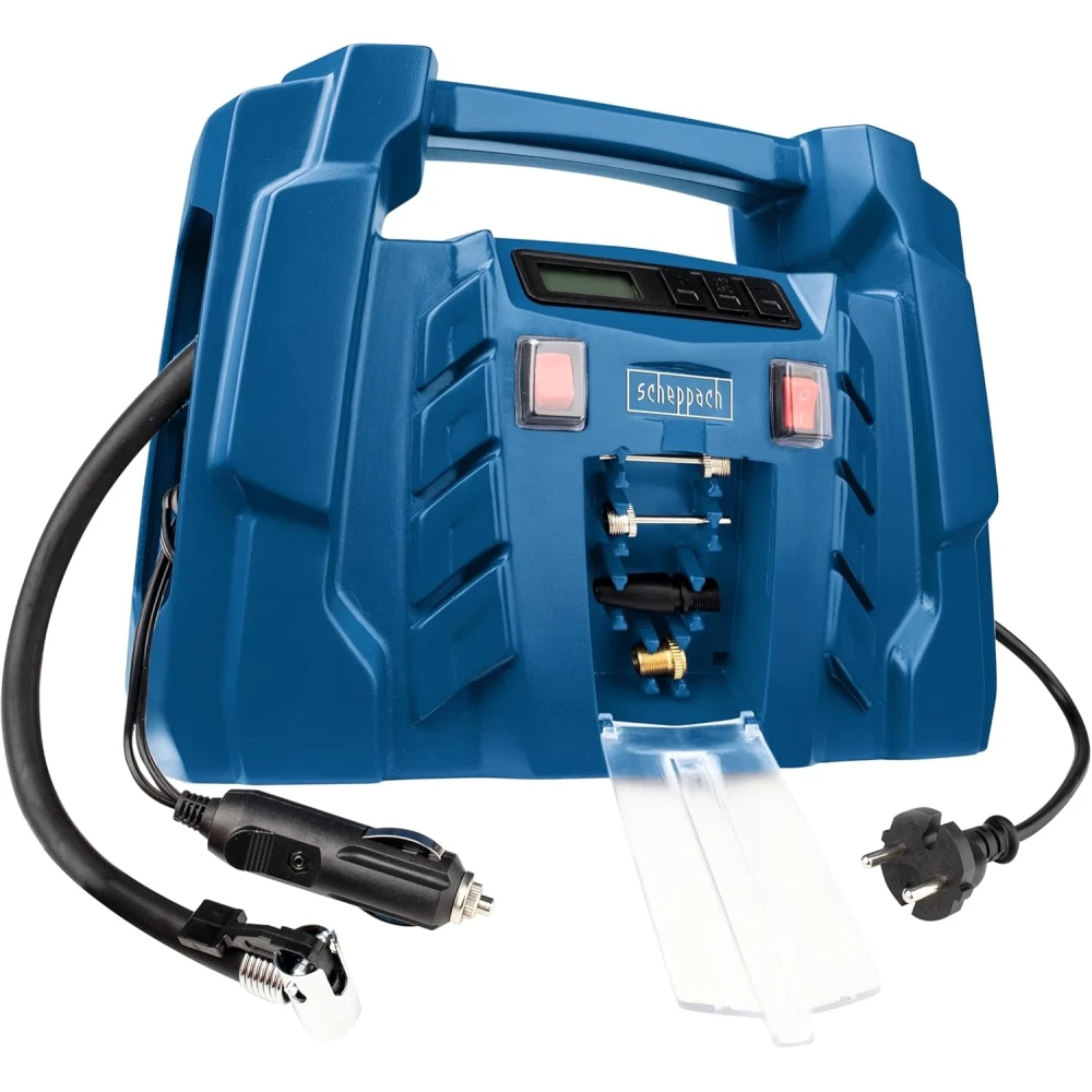 Scheppach Airforce 5 Compressor with Digital Display, 12 V / 230 V Connection for Car/Car, Portable Suitcase Compressor, 8 Bar Working Pressure, 150 W, Suction Power 36.5 l/min, Includes Accessories