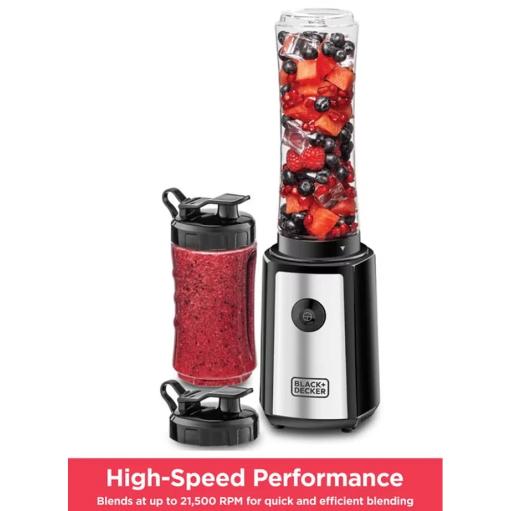 BLACK+DECKER Sports Blender/Smoothie Maker, 6-Piece Set with 500ml &amp; 300ml BPA-Free Sports Bottles, 21,500 RPM Turbo Speed, Stainless Steel Blades for Ice &amp; Frozen Fruits, 500 ml 300 W