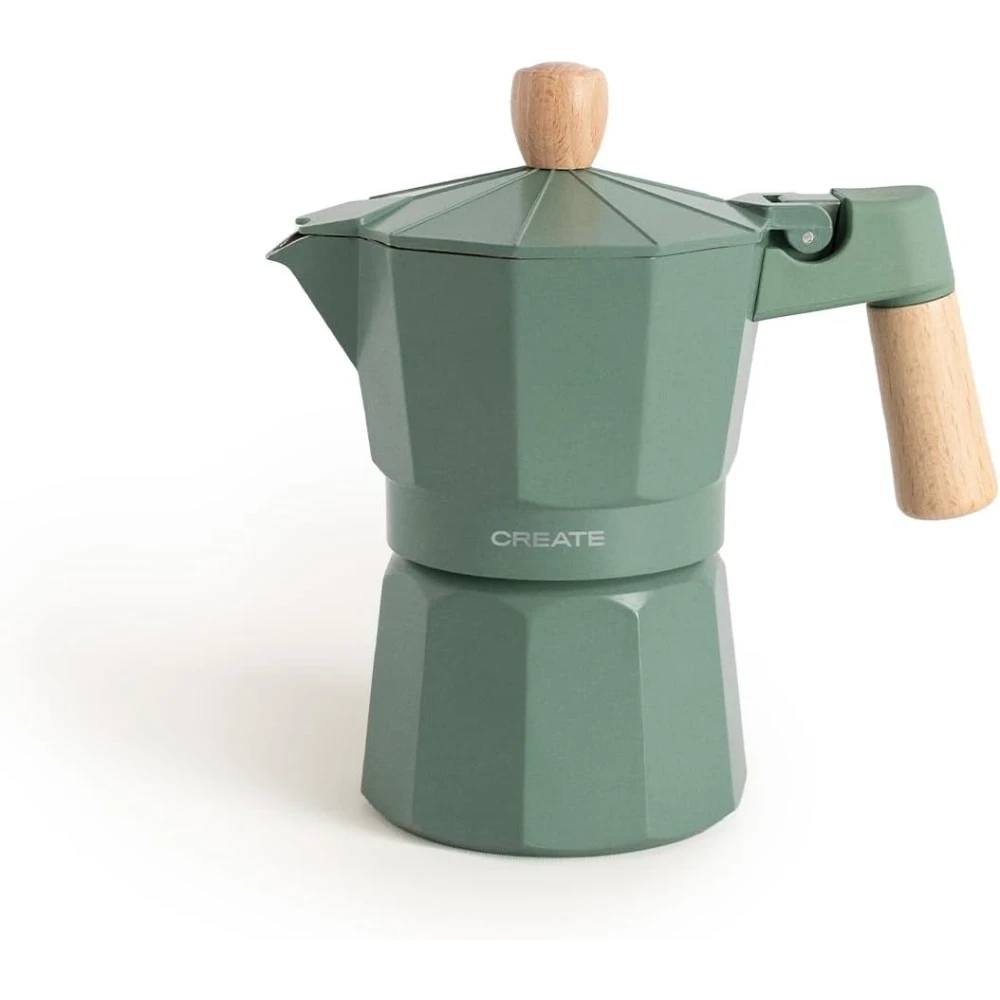 CREATE THERA MOKA RETRO/Italian Coffee Maker, Sage Green, 350 ml, Capacity for 6 Cups, Aluminium Safety Valve, Gas Electric or Glass Stove