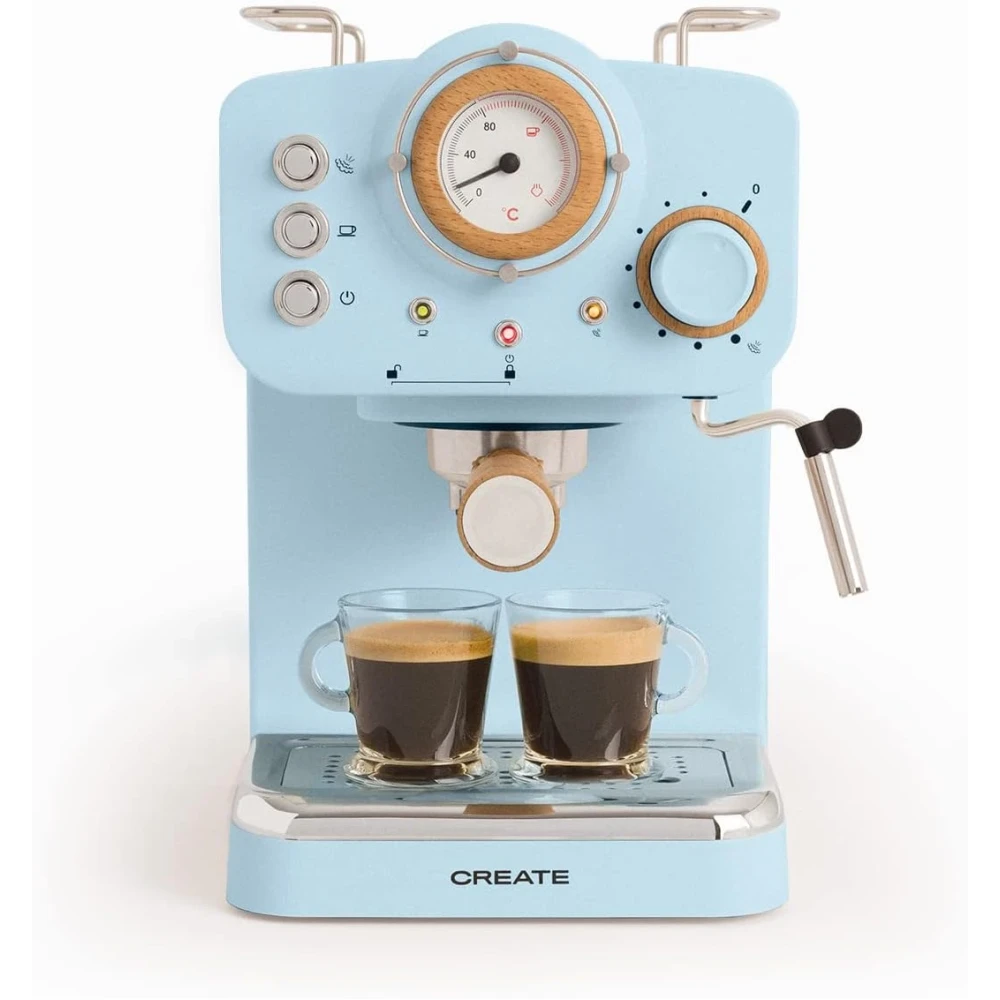 CREATE /THERA RETRO/Espresso Machine Matt Off White and Wood/ESE ground coffee and pods, semi-automatic coffee machine with 15 bar pressure pump and 1100W power, glossy finish