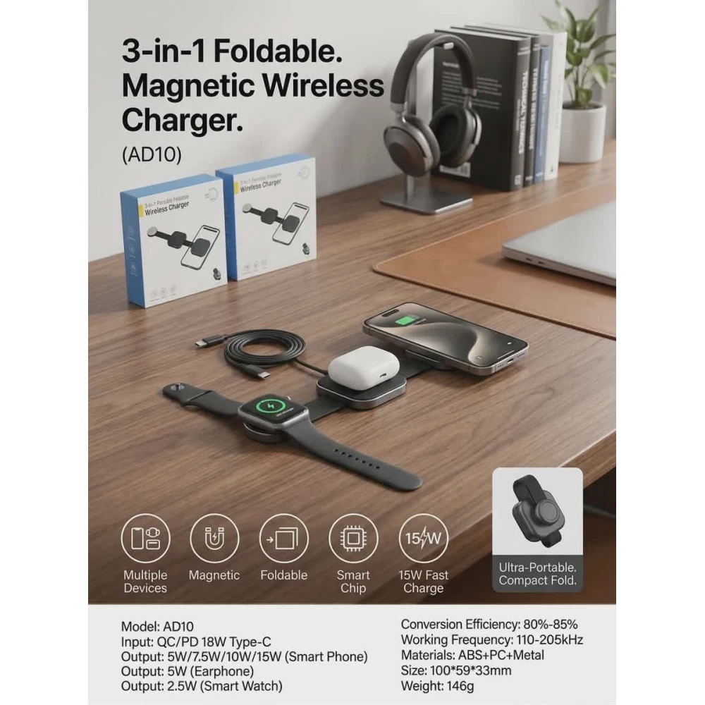 3in1 Foldable Magnetic Wireless Charger