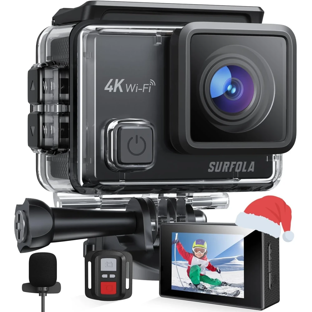 Surfola Action Camera 4K WiFi - 40M Waterproof Underwater Camera Motorcycle Helmet Camera Support 128G TF Card for Diving Riding Hiking,External Microphone, 2*Batteries and Mounting Accessories