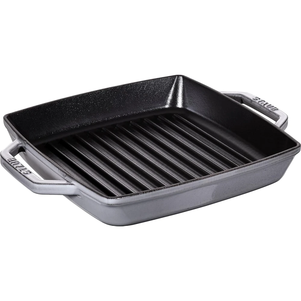 STAUB Cast Iron Grill Pan with Two Handles, Square, 23 cm, For All Hobs Including Induction &amp; Oven, Graphite Grey