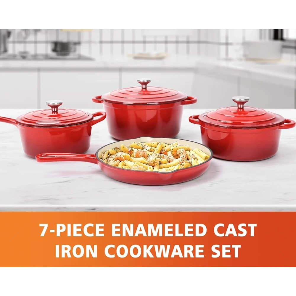 Cast Iron Cookware Set - 7 Piece Set of Dutch Ovens, Sauce Pan, Skillet, 3 Lids, Dutch Oven Set, Ceramic Nonstick Coated, Heavy Duty, Gas/Induction Compatible, PFA Free, Rouge Red
