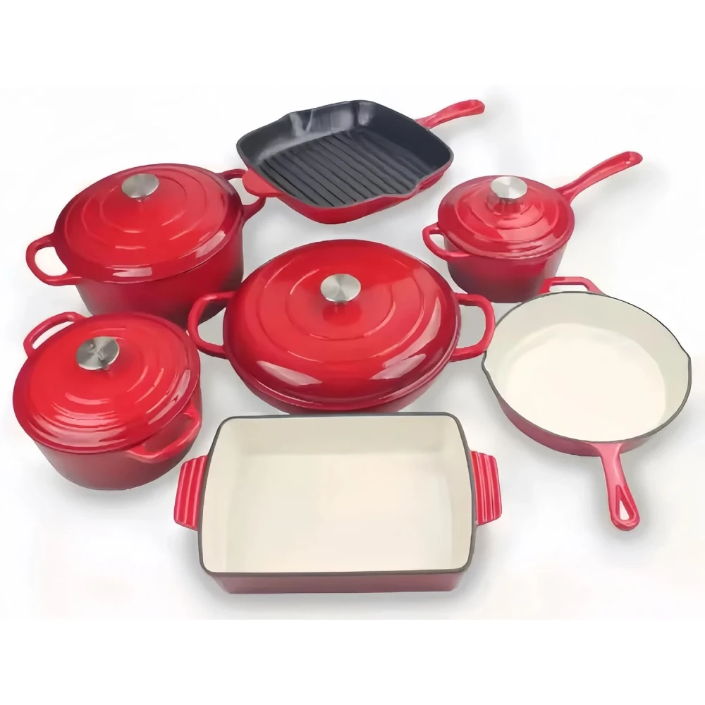 Premium Red Enameled Cast Iron Cookware Set, 11-Piece Kitchen Collection with Grill Pan, Pots and Lids, Non-Stick Cooking Set