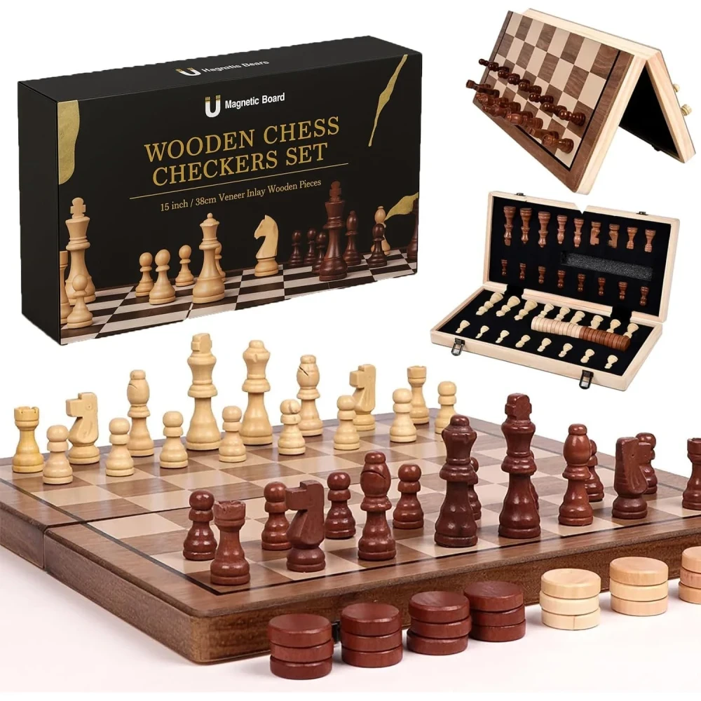 AMERTEER Wooden Chess Sets - Unique Fancy Travel Game for Adults and Kids - Large, Folding, Portable Chess Set - Wood Chess Board with Magnetic Closure, Felt Interior, Piece Holders
