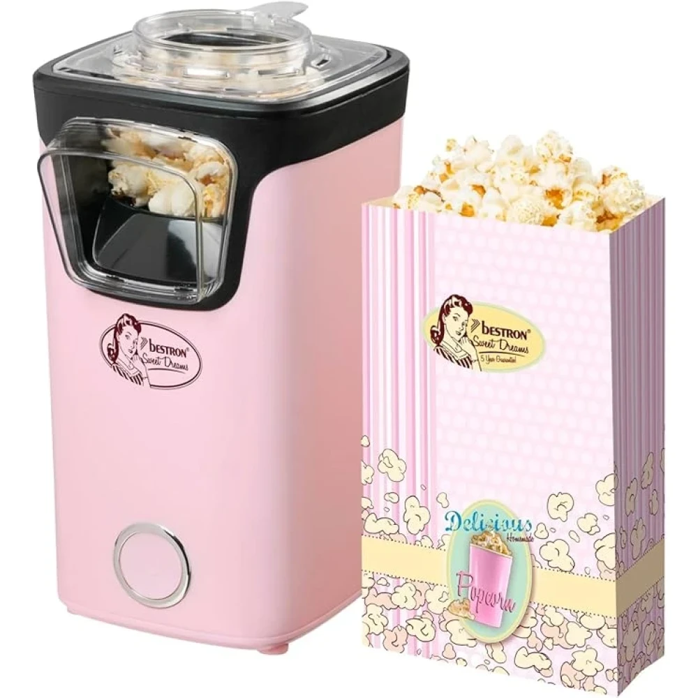 Bestron Popcorn Maker Turbo Popcorn in Under 2 Minutes Popcorn Maker with Hot Air Technology Includes 10x Popcorn Bags &amp; Integrated Measuring Cup Sweet Dreams Collection Pink