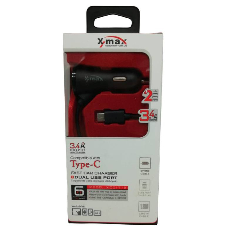 X-Max Fast Car Charger with Dual USB Port & Type-C Cable – 3.4A Output (Model X-CC1718)