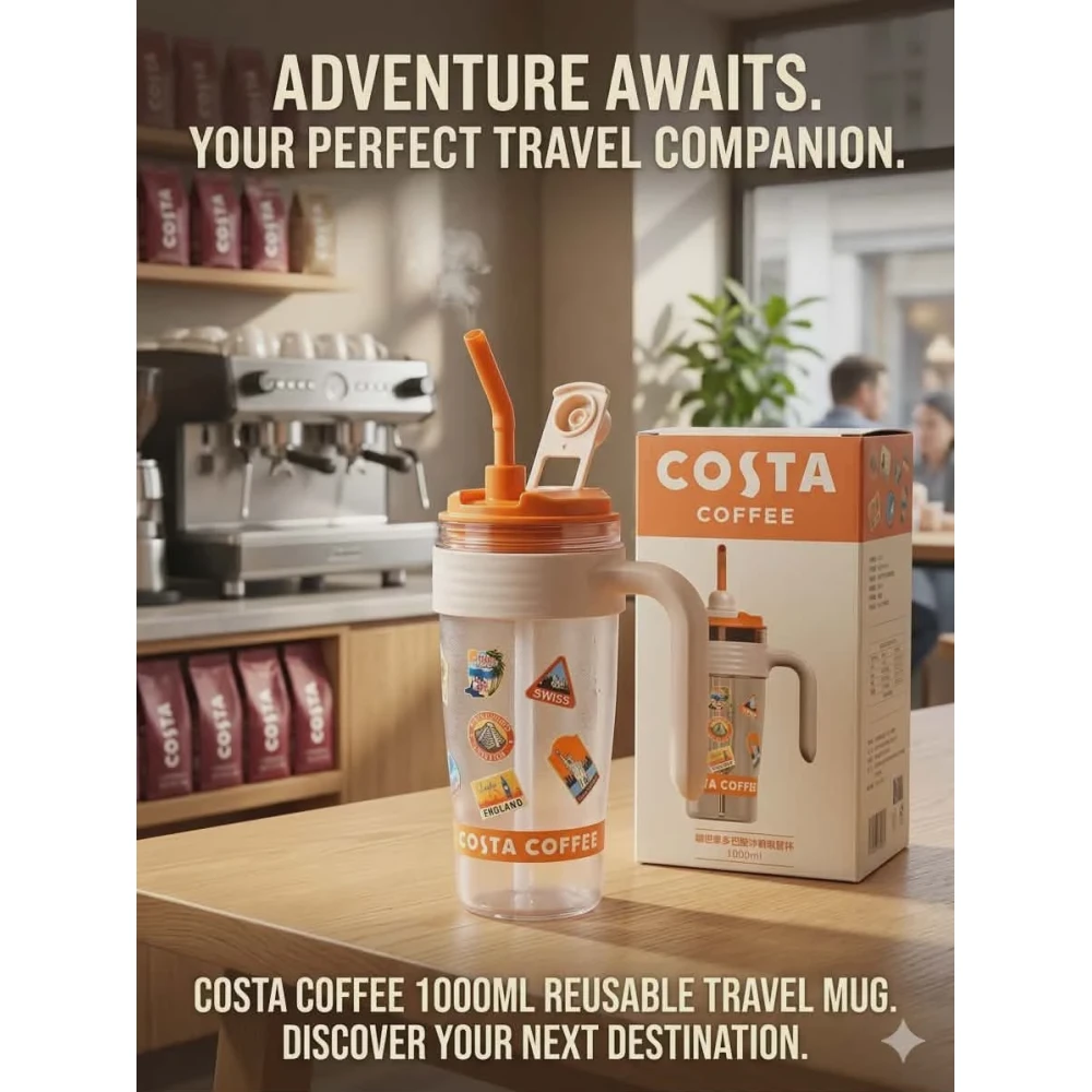 COSTA COFFEE Portable Drinking Cup – 1L Plastic Tumbler with Straw & Handle