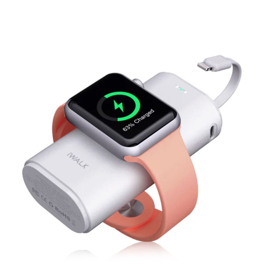 Portable Apple Watch Charger 9000mAh with Built In Lightning Cable - White-Green