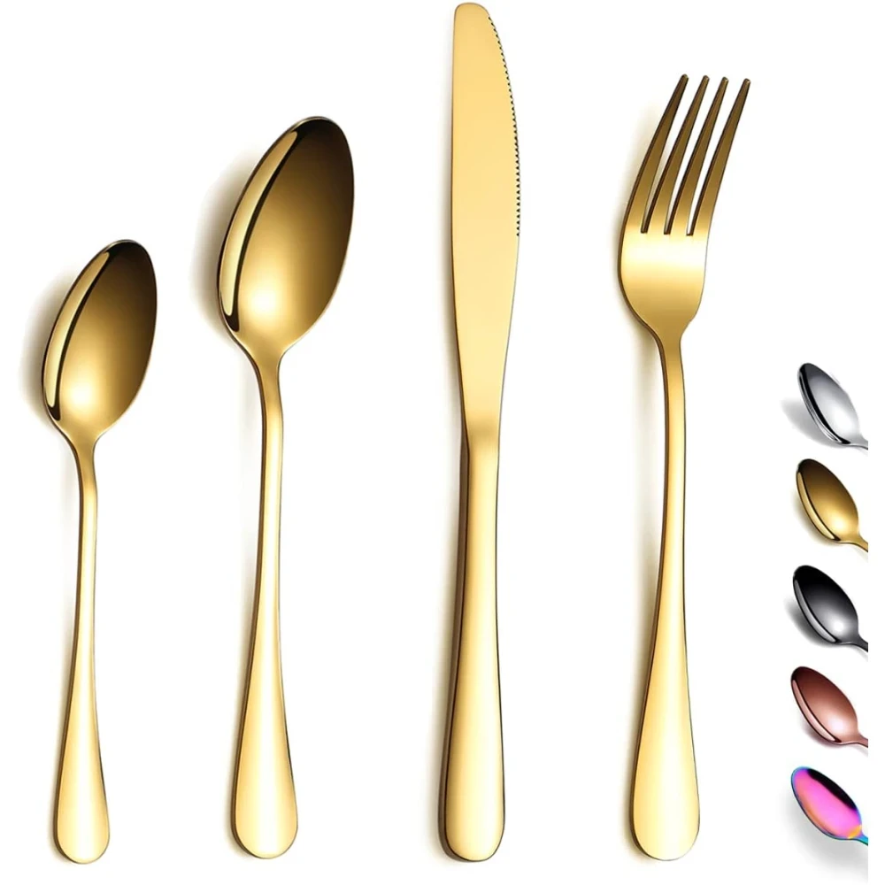 Golden Cutlery Set 24 Pieces,C&E Titanium Gold Plated Stainless Steel Tableware Set,Stainless Steel Flatware Set,Stainless Steel Flatware Silverware Sets,Dishwasher Safe.
