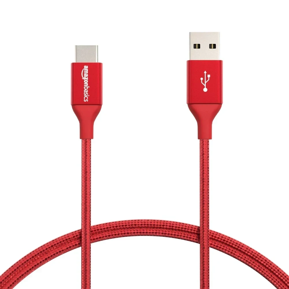 Amazon basics Double Braided Nylon USB Type-C to Type-A 2.0 Male Cable for Laptop (Red, 10 Feet/3 Me