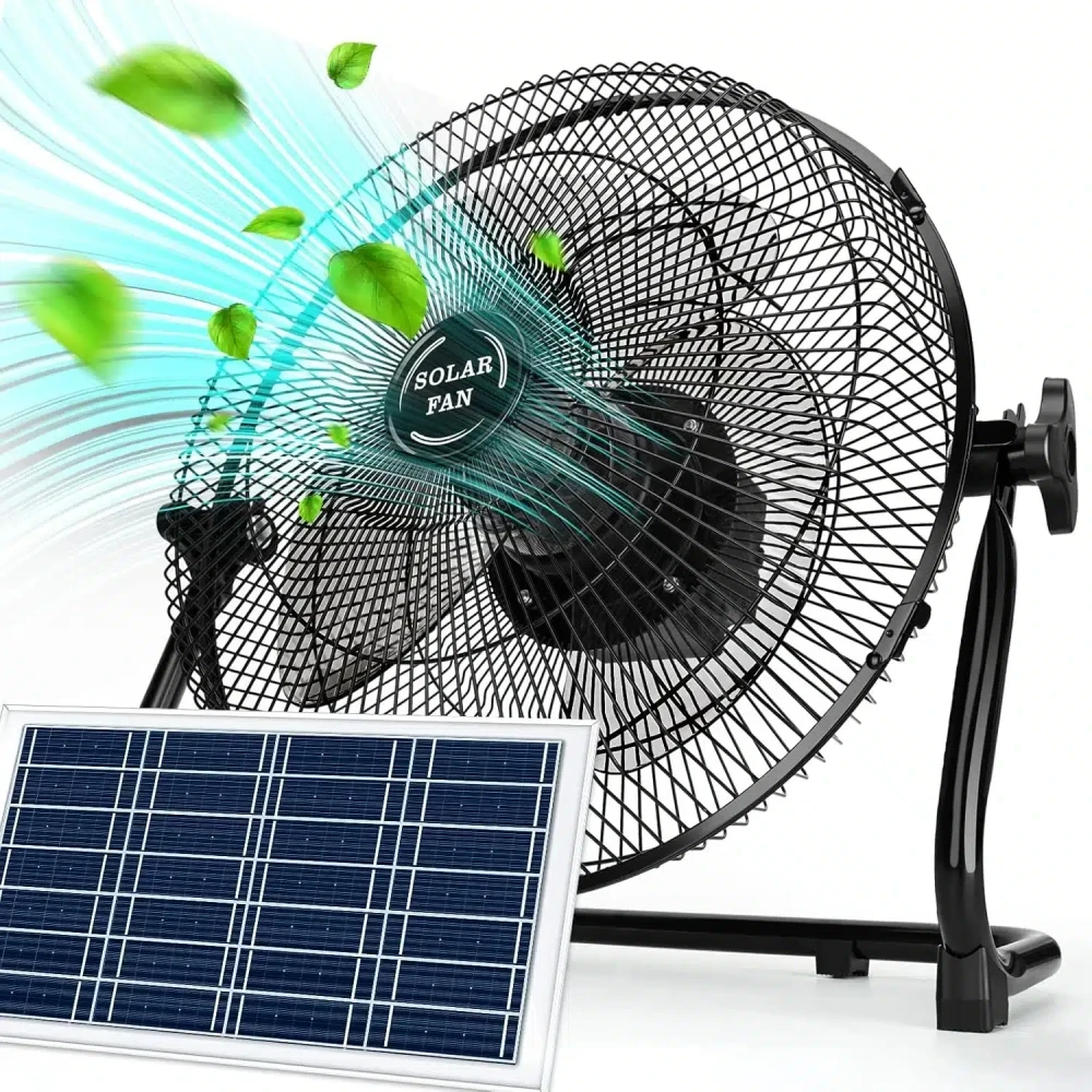 DBF 12'' Solar Powered Fan - Battery Operated Floor Fan, 2-in-1 Solar Panel & AC Charger, 12 Speeds, Tilt Head, Rechargeable Cordless High Velocity Fan for Camping Home Outdoor Hurricane Outage