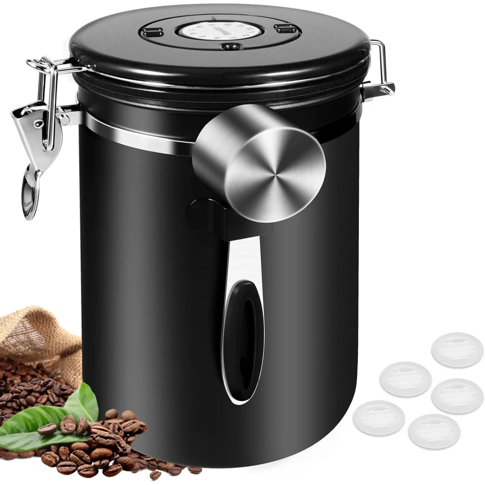 Coffee Canister Airtight 35OZ Large, 2.2 lbs Coffee Storage Container Stainless Steel Air Tight Coffee Jar with Scoop, Date Tracker and CO2 Release Valve for Beans, Ground, Tea, Flour and Sugar, 2.8L