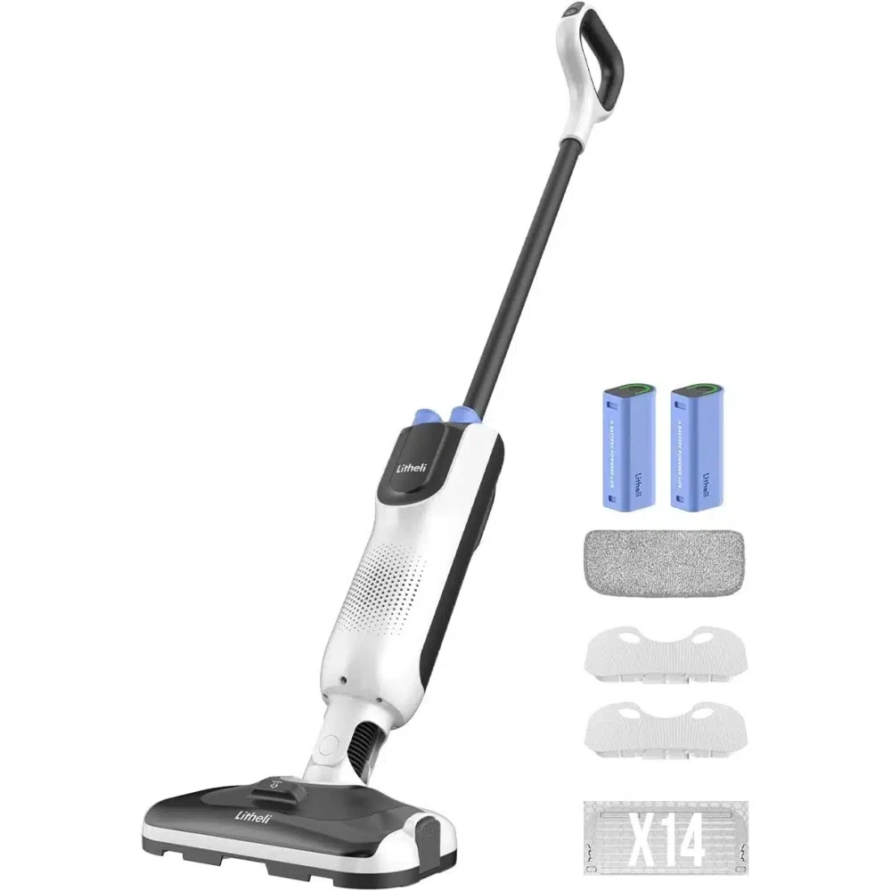 LiTHELi Cordless Vacuum Mop Cleaner, 2-in-1 Hard Floor Stick Vacuum, Wet Dry Mop, 2 Disposable Dust Boxes, 14 Disposable Pads &amp; 1 Washable Pad, 2 Swappable 4000mAh Batteries
