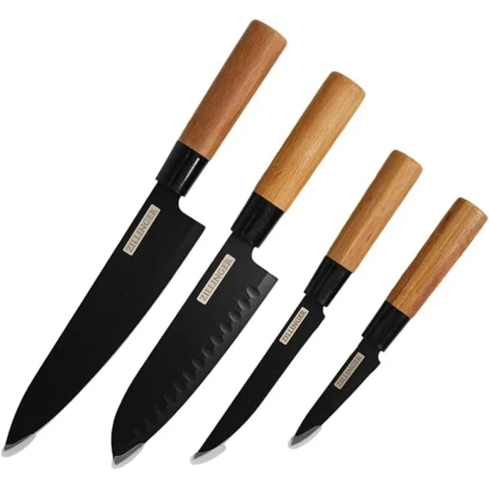 Zillinger Japanese Knife Set 4 Pieces High-carbon stainless steel blades with wooden handles